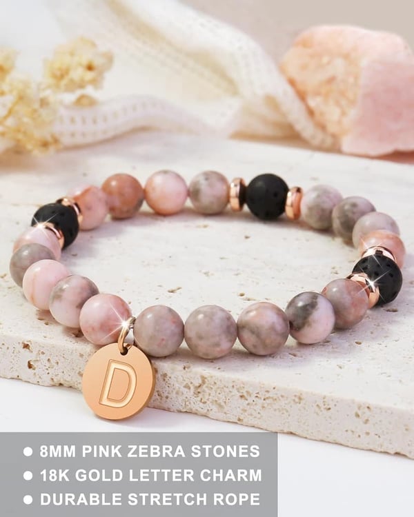 Personalized Natural Stone Bracelet with Gold Initial Charm for Women