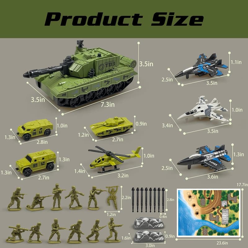 Army Tank Playset with 12 Soldiers and Vehicles for Toddlers