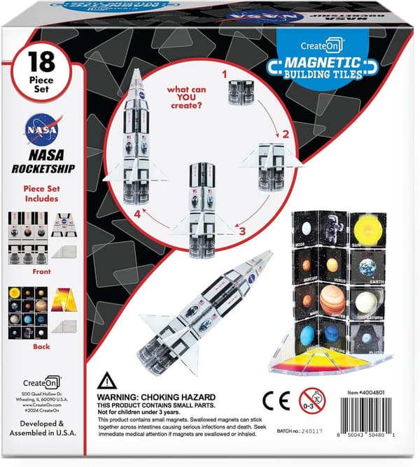 NASA Rocketship Magnetic Building Set for Kids, 18 Pieces