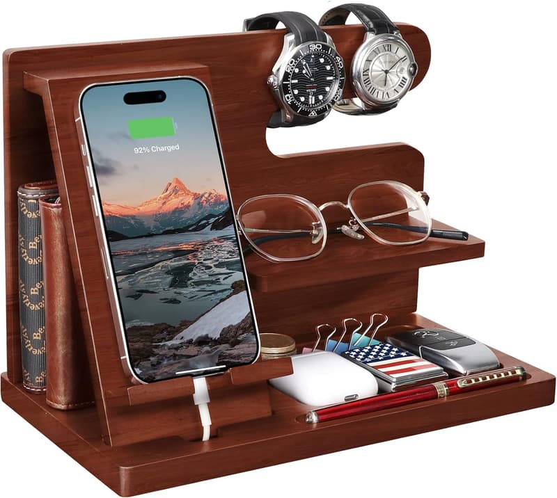 Birthday Gift Wood Phone Docking Station and Nightstand Organizer