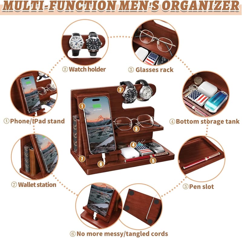 Birthday Gift Wood Phone Docking Station and Nightstand Organizer