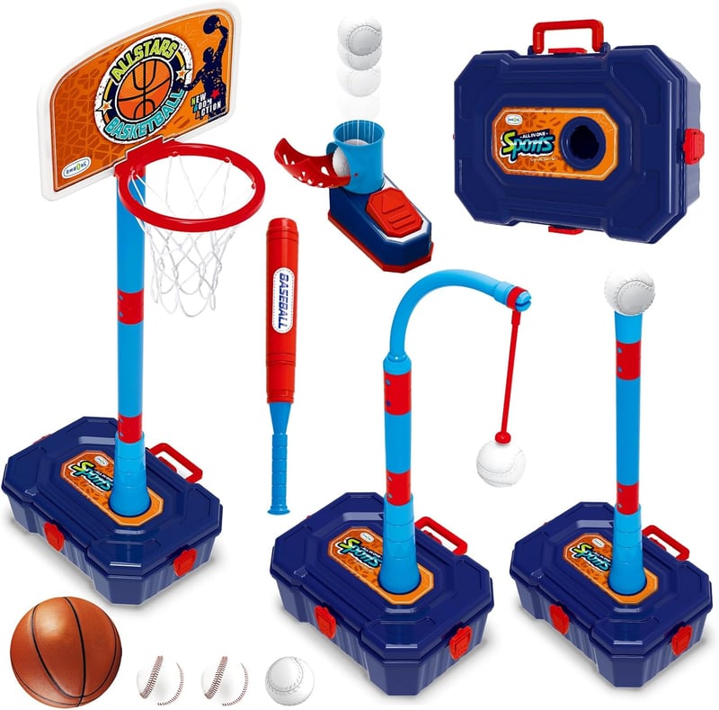 Adjustable 4-in-1 Basketball Hoop & T-Ball Set for Toddlers