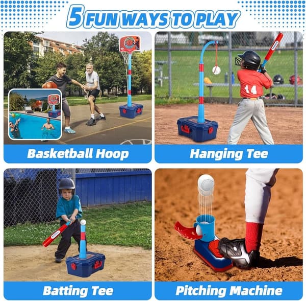 Adjustable 4-in-1 Basketball Hoop & T-Ball Set for Toddlers
