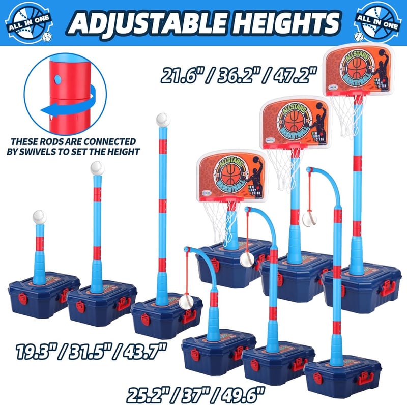 Adjustable 4-in-1 Basketball Hoop & T-Ball Set for Toddlers