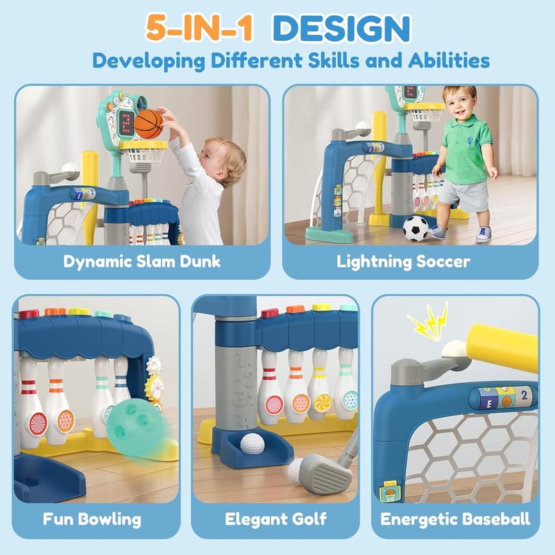 5-in-1 Activity Center for Toddlers: Basketball, Soccer, Bowling, Baseball, Golf