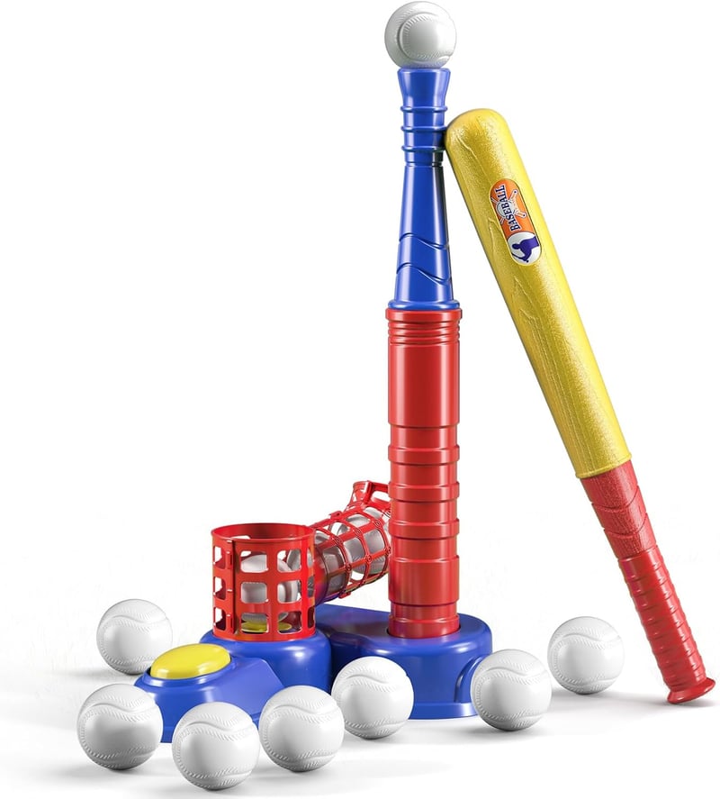 Kids T-Ball Set with Pitching Machine & 10 Balls, Ages 3-8