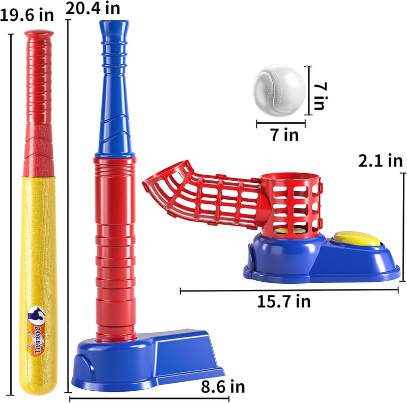 Kids T-Ball Set with Pitching Machine & 10 Balls, Ages 3-8