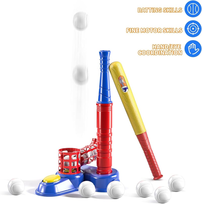 Kids T-Ball Set with Pitching Machine & 10 Balls, Ages 3-8