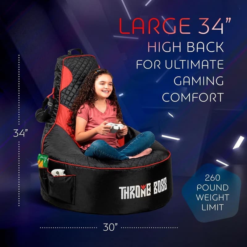 Kids Gaming Bean Bag Chair Cover - High Back with Cup Holder (Black/Red)