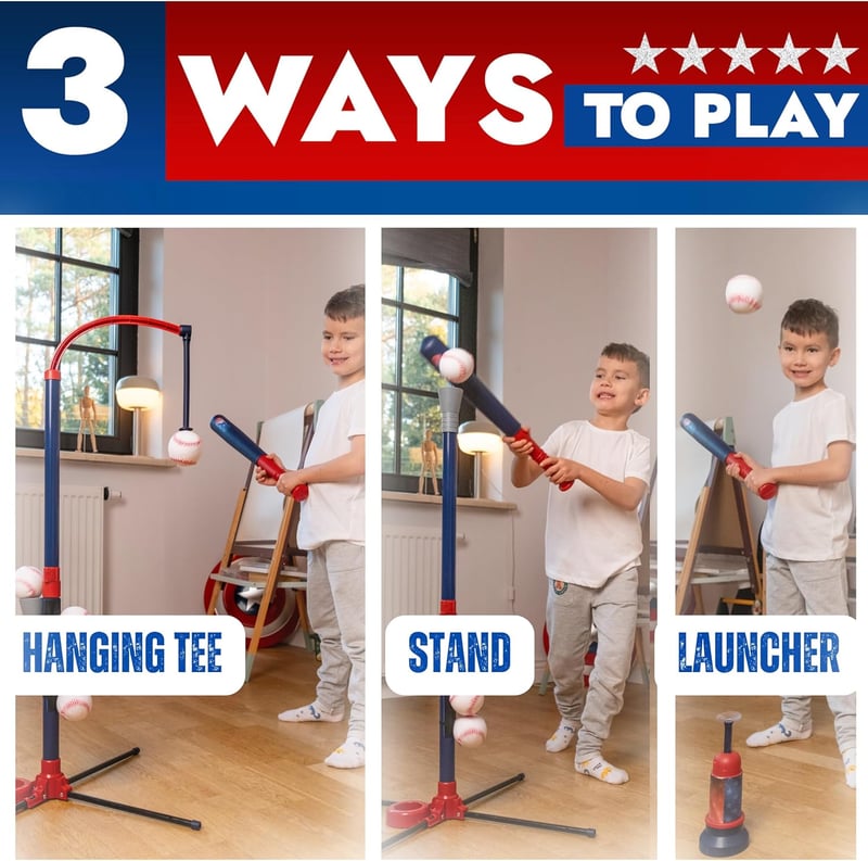 3-in-1 Baseball Set for Kids Ages 3-5 – Adjustable Height, Softballs
