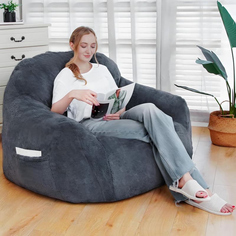 Comfy Grey Bean Bag Chair with Armrests for Adults