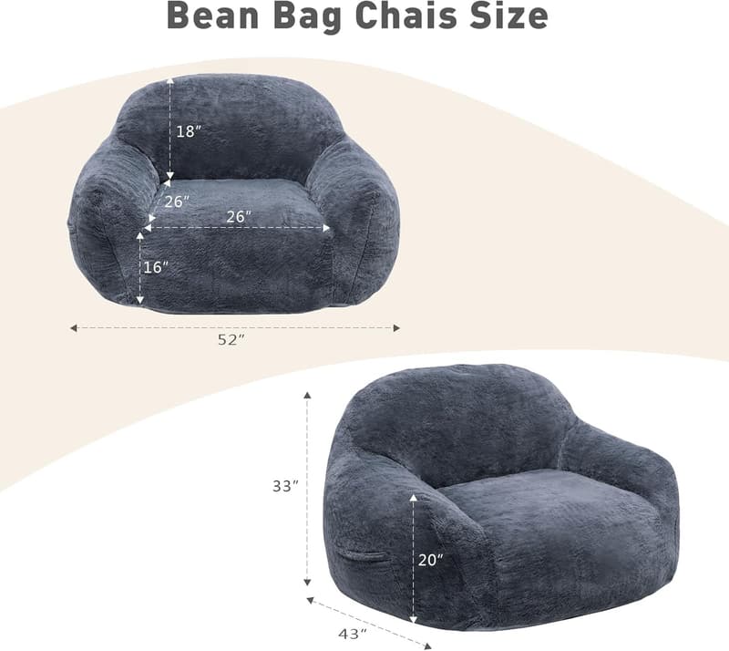 Comfy Grey Bean Bag Chair with Armrests for Adults