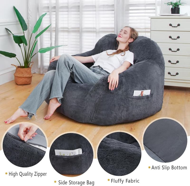 Comfy Grey Bean Bag Chair with Armrests for Adults