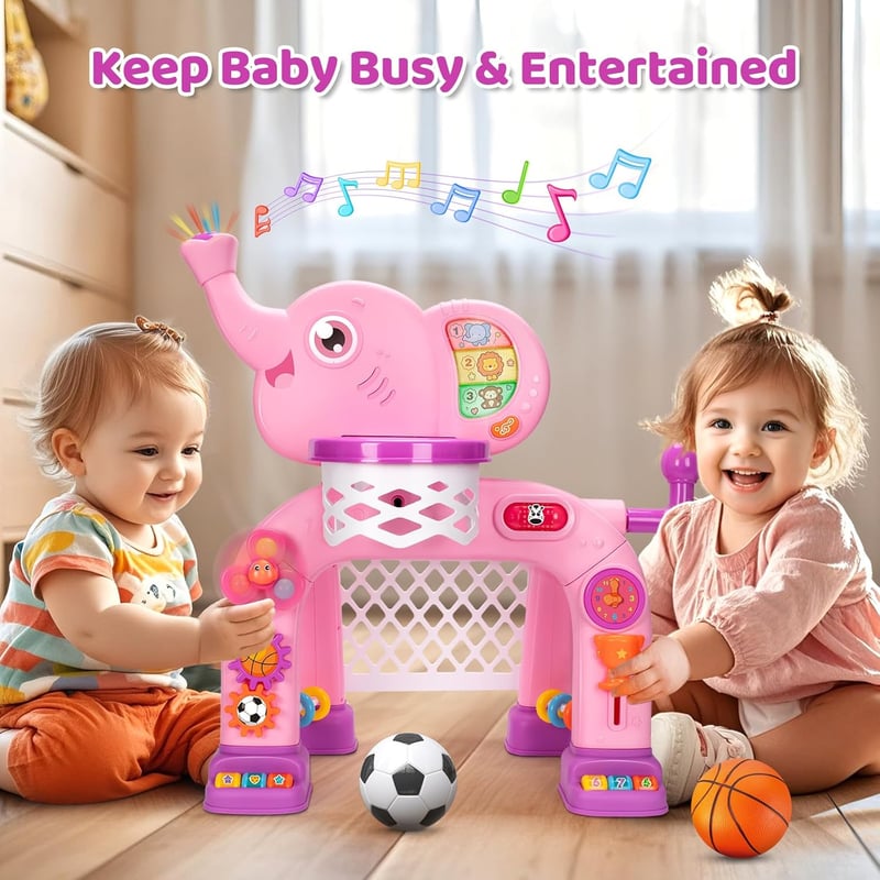 Toddler Sports Toy Set: Basketball Hoop & Soccer Goal (Pink)