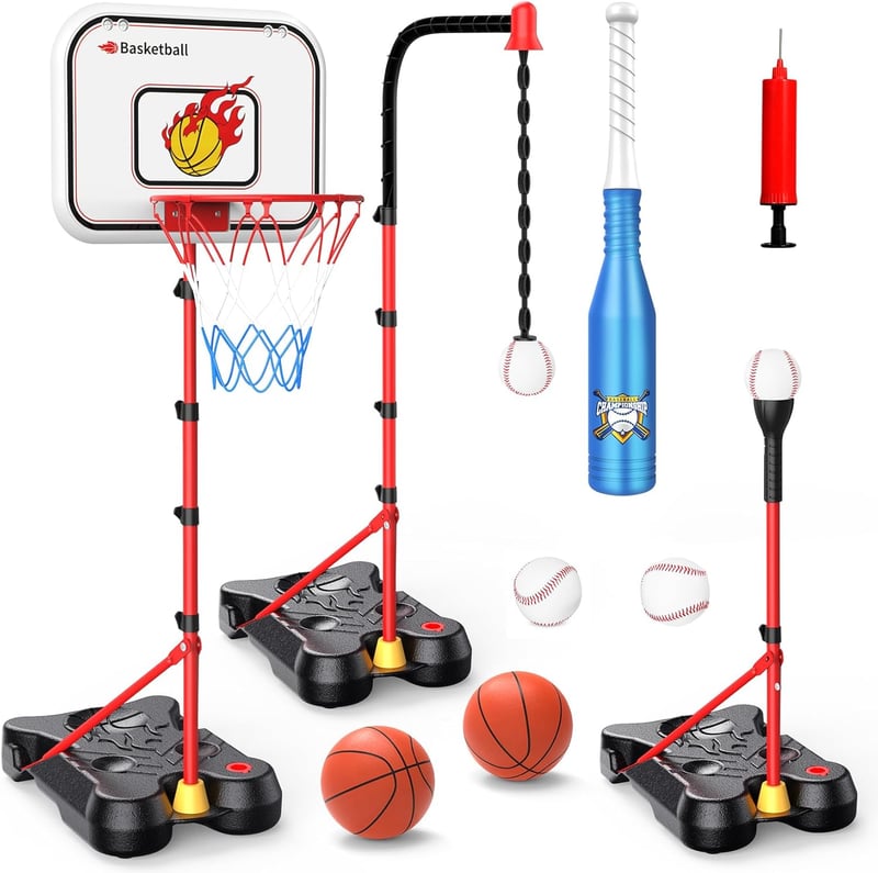 Adjustable 4-in-1 Basketball Hoop & T-Ball Set for Toddlers
