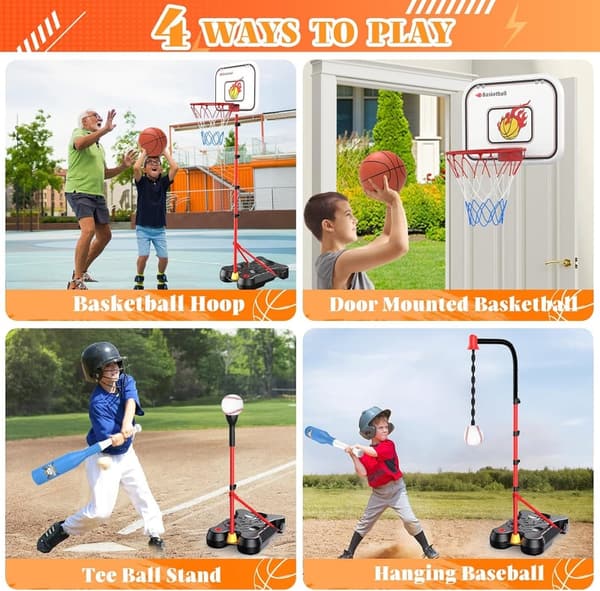 Adjustable 4-in-1 Basketball Hoop & T-Ball Set for Toddlers