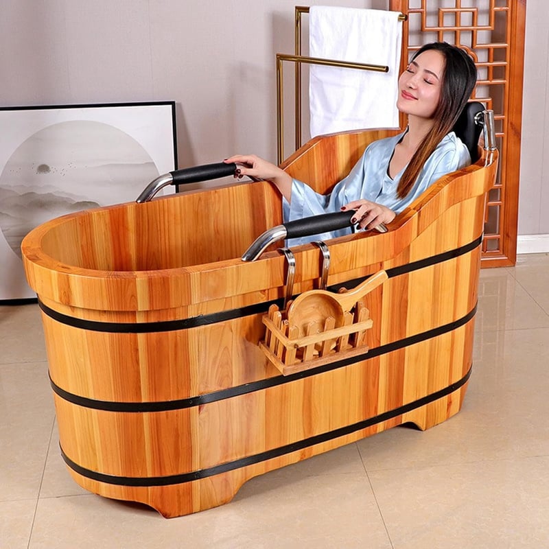Freestanding Cypress Wood Hot Tub with Steam Lid & Handrails