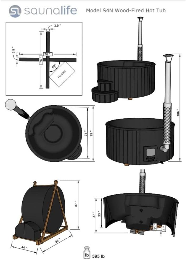 Wood-Fired Hot Tub for 6 - Model S4B, Black