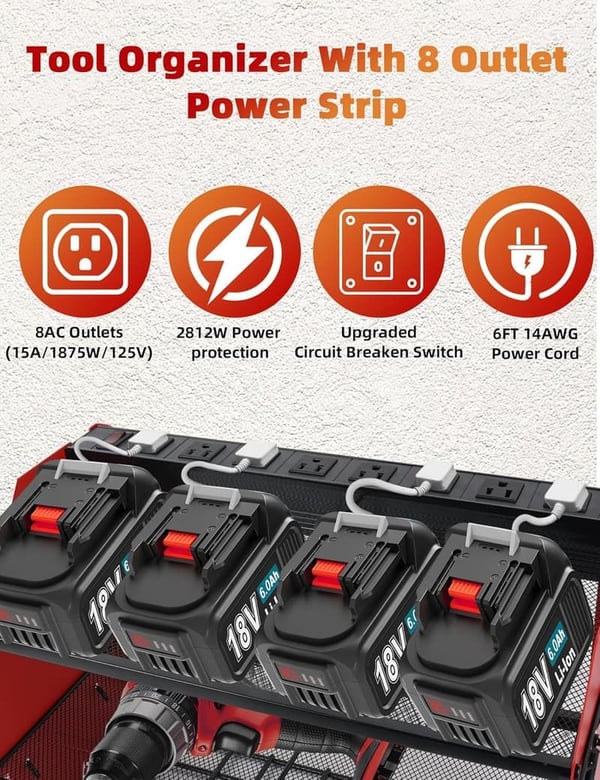 3-Layer Power Tool Organizer with Charging Station, Red