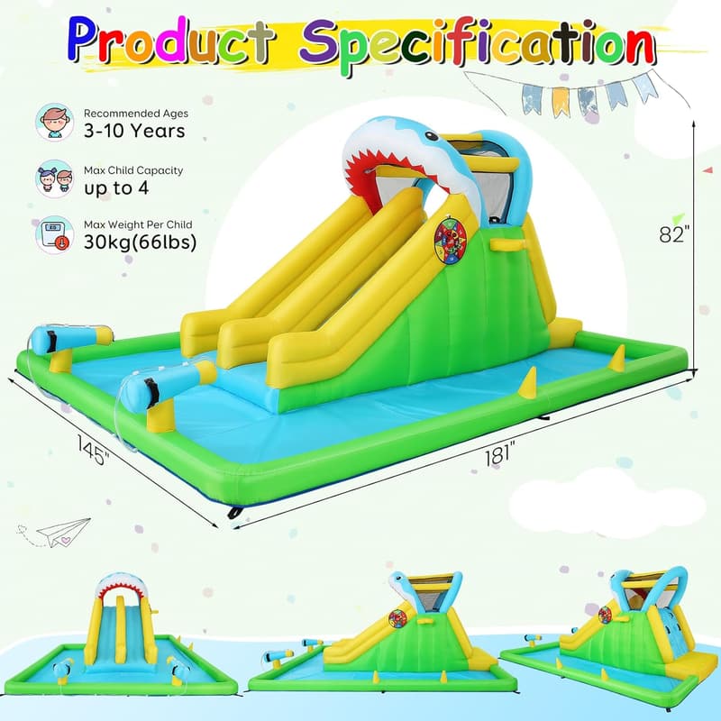 Shark Attack Inflatable Bounce House with Water Slides for Kids