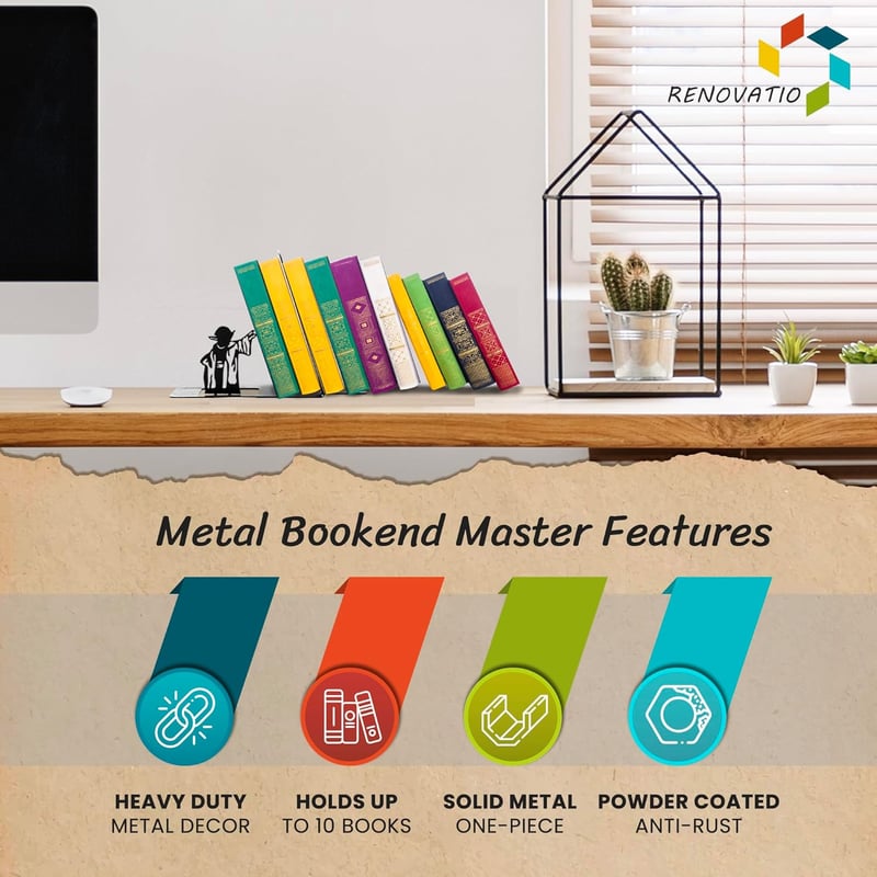 Unique Black Metal Bookend - Heavy Duty Minimalist Decor