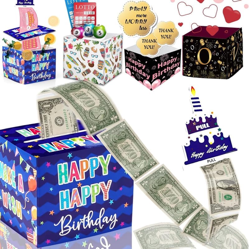 Birthday Money Gift Box with Pull-Out Card & 30 Bags (Blue)