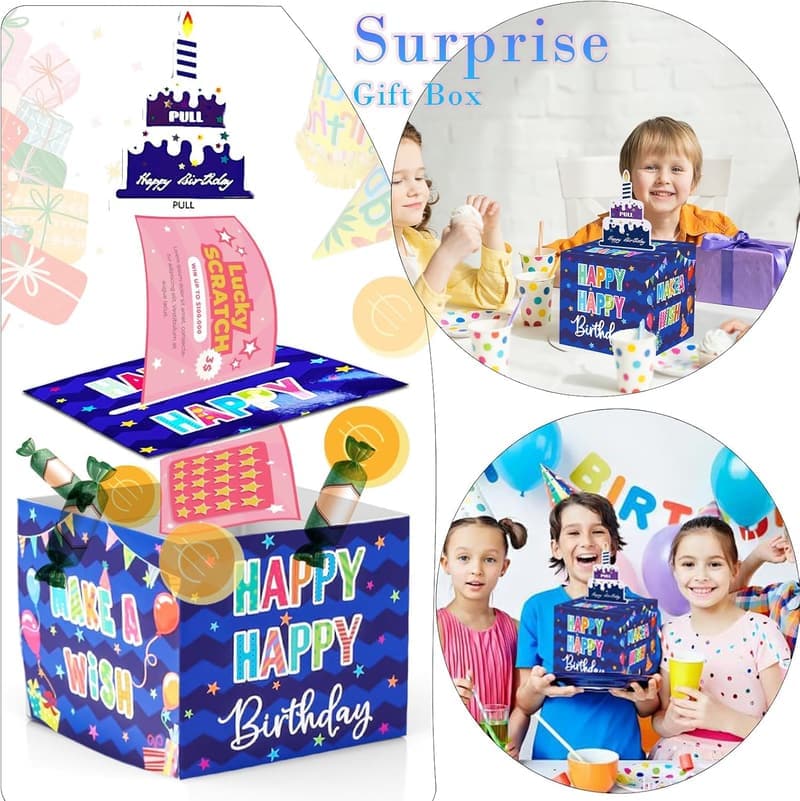 Birthday Money Gift Box with Pull-Out Card & 30 Bags (Blue)