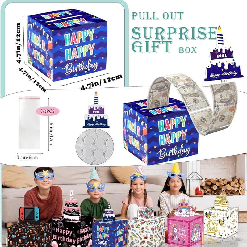 Birthday Money Gift Box with Pull-Out Card & 30 Bags (Blue)