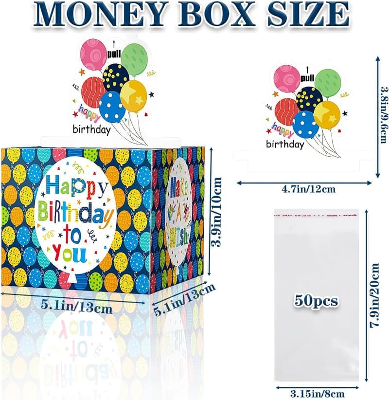 Birthday Money Box with Blue Balloon Surprise for Cash Gifts