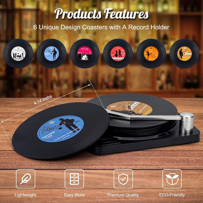 Funny Retro Vinyl Record Coasters Set for Music Lovers - 6 Pcs