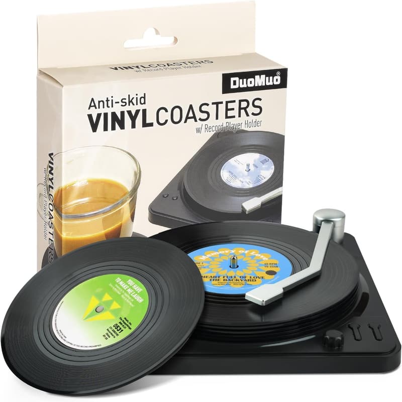 Music Lovers Retro Record Coasters Set with Holder - 6 Pieces