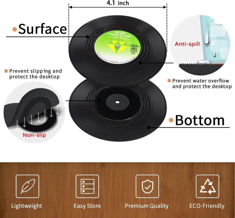 Music Lovers Retro Record Coasters Set with Holder - 6 Pieces