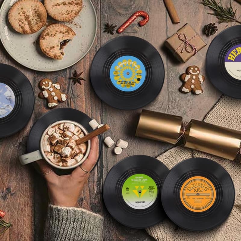 Music Lovers Retro Record Coasters Set with Holder - 6 Pieces