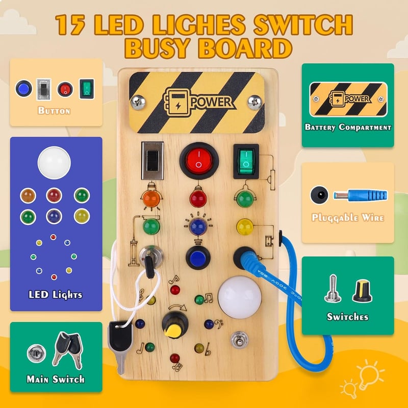Montessori Busy Board with 8 LED Switches for Toddlers 1+