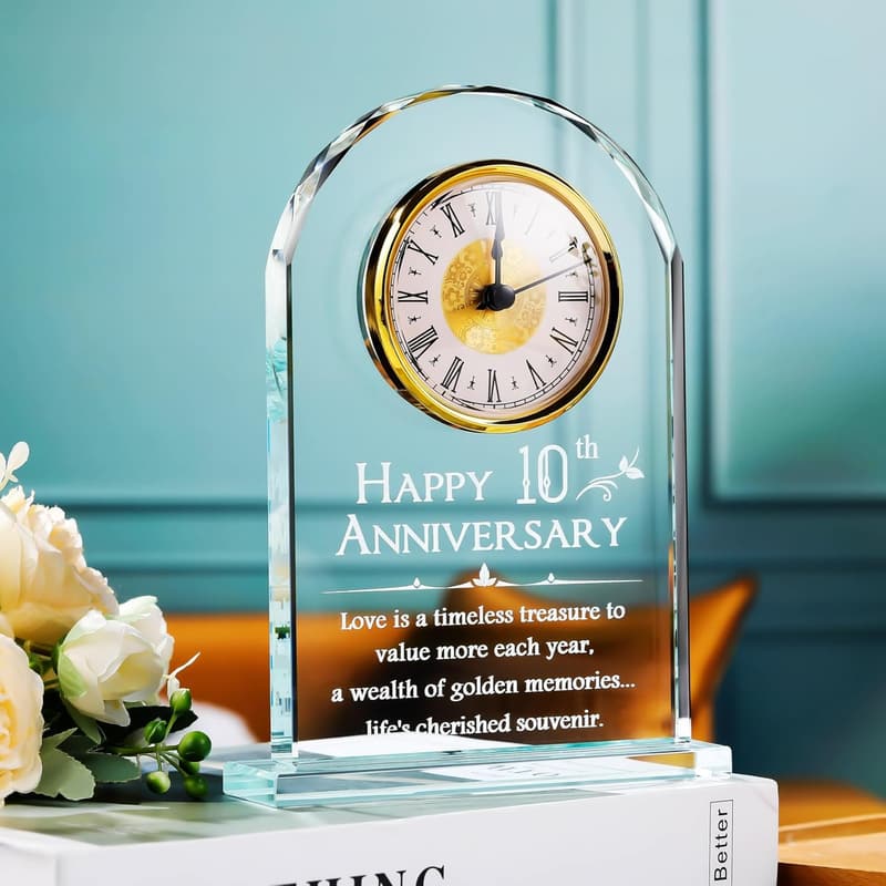 10th Anniversary Glass Clock Keepsake for Couples