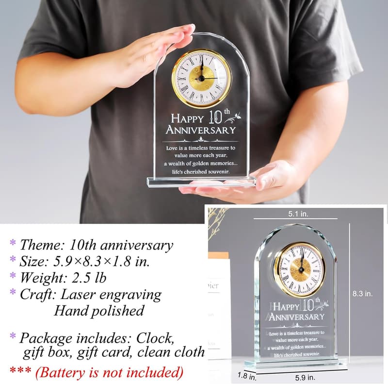 10th Anniversary Glass Clock Keepsake for Couples