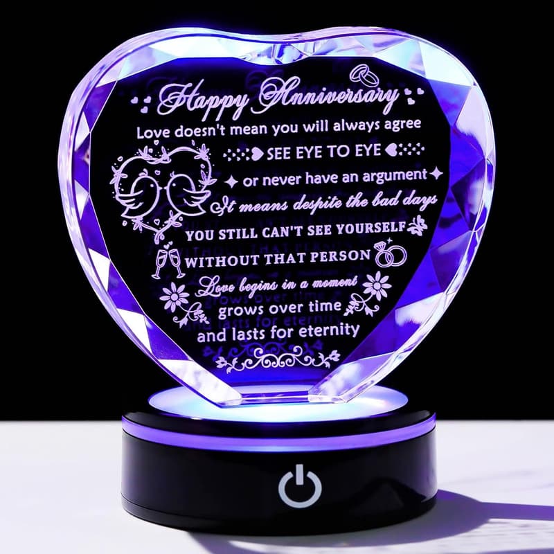 Happy Anniversary Crystal Heart Gift for Couples with LED Base