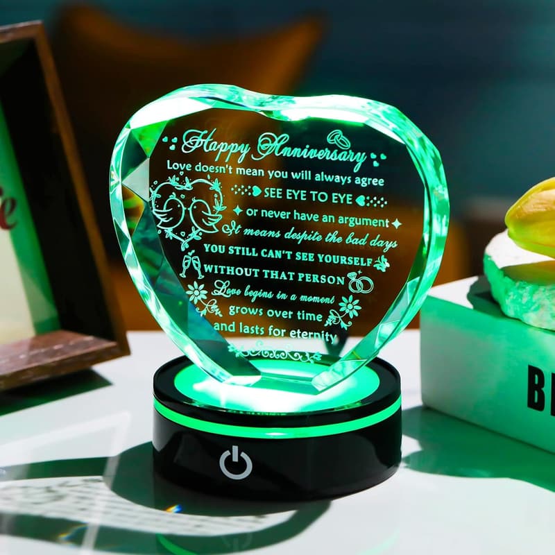Happy Anniversary Crystal Heart Gift for Couples with LED Base