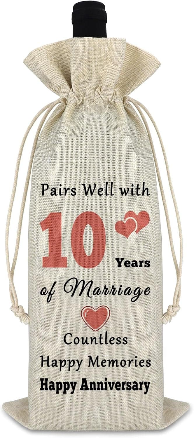 10th Anniversary Cotton Burlap Wine Bag for Couples