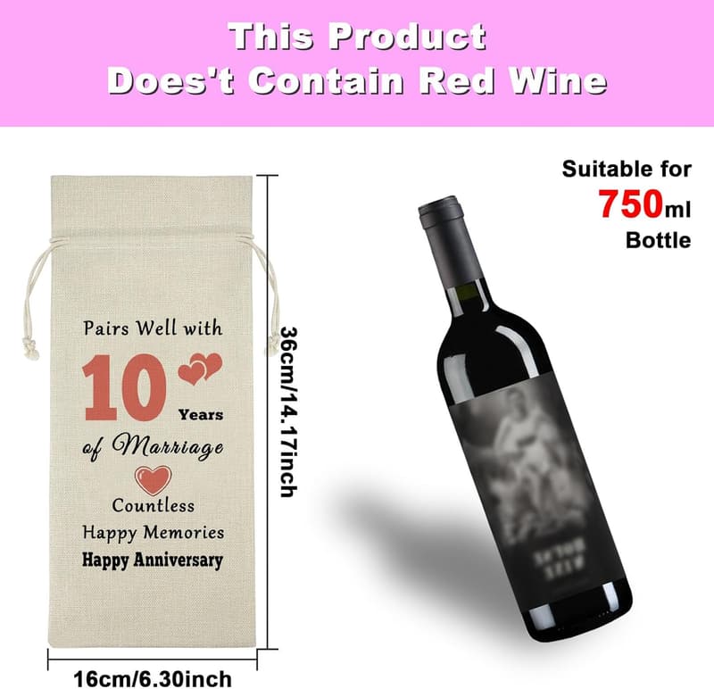 10th Anniversary Cotton Burlap Wine Bag for Couples