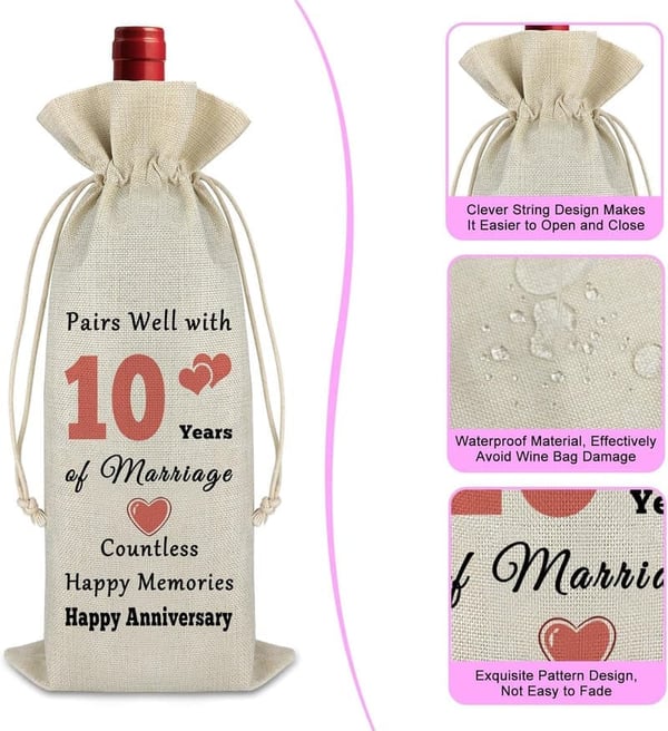 10th Anniversary Cotton Burlap Wine Bag for Couples