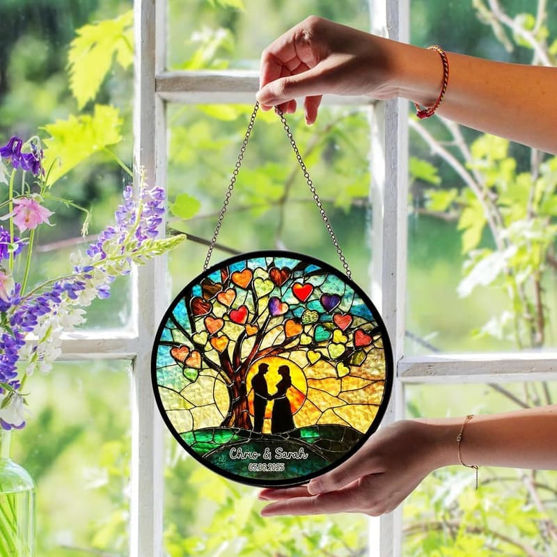 Personalized Glass Suncatcher - Wedding or Anniversary Gift for Couples