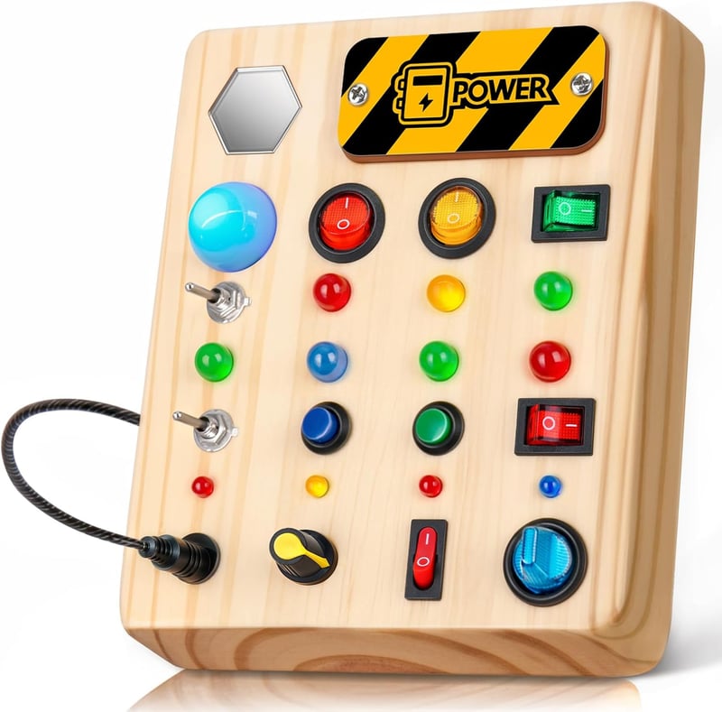 Montessori Wooden Busy Board Toy for Toddlers, LED Sensory Activity