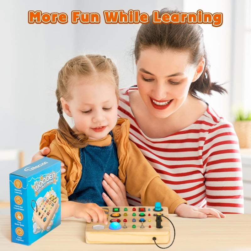 Montessori Wooden Busy Board Toy for Toddlers, LED Sensory Activity