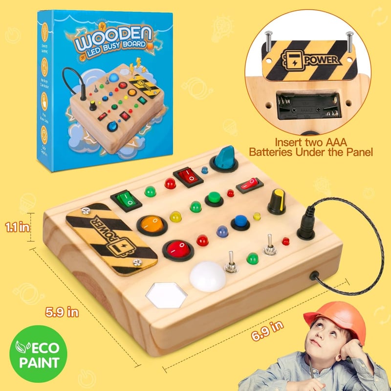 Montessori Wooden Busy Board Toy for Toddlers, LED Sensory Activity