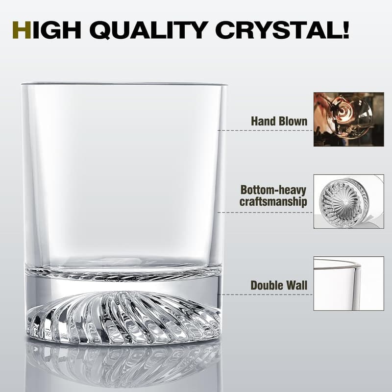 Old Fashioned Whiskey Glasses Set - Hand Blown Crystal, 12 oz