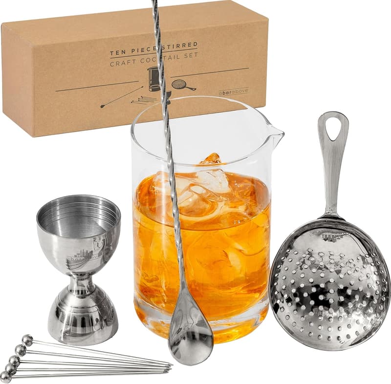 Premium 10-Piece Cocktail Stirring Set with Crystal Mixing Glass
