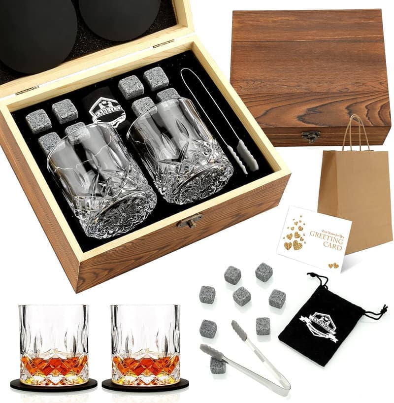 Whiskey Stones and Glasses Gift Set for Men