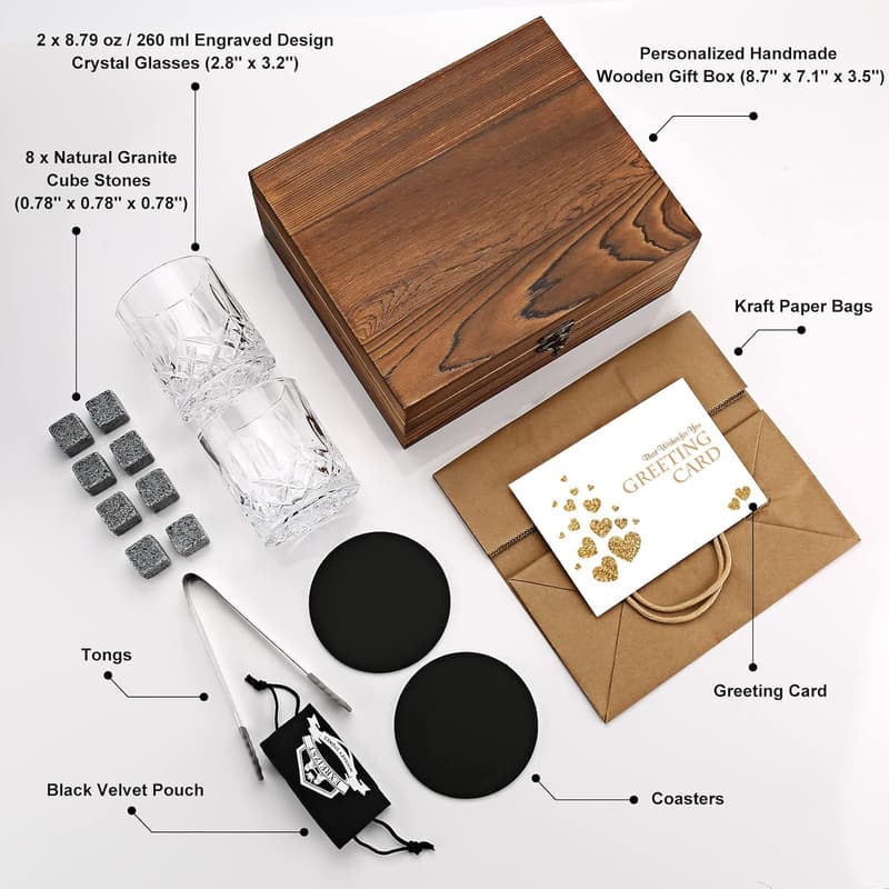 Whiskey Stones and Glasses Gift Set for Men
