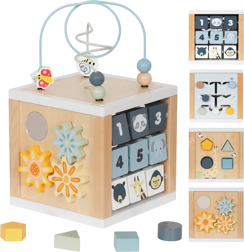 Montessori Wooden Activity Cube - 6-in-1 Educational Toy for Toddlers